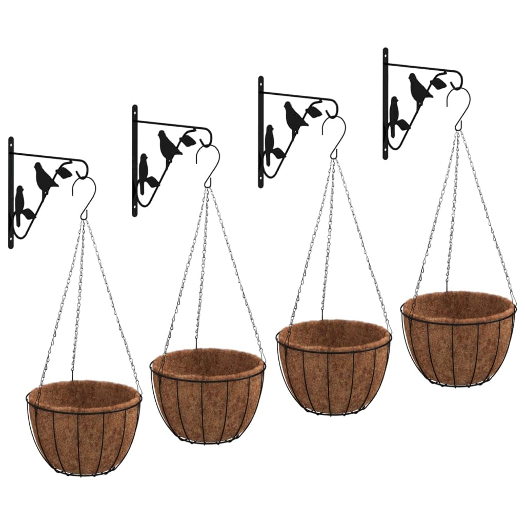 4er Set Blumenampel mit Wandhalterung Ø 35cm Schwarz Stahl Hängekorb mit Kokosfaser Einlage für Balkon Garten Terrasse