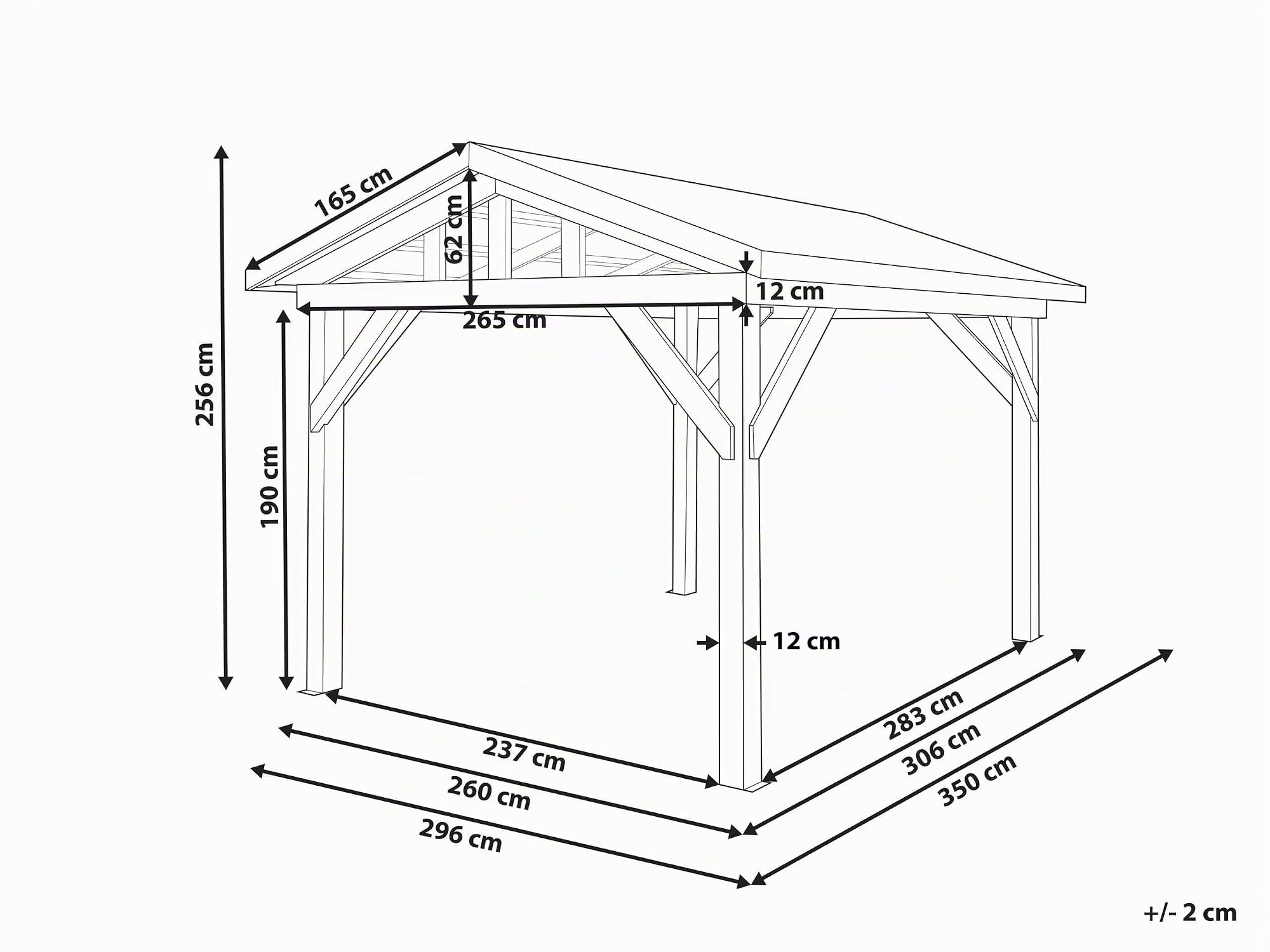 Cenador Moderno de Madera para jardín 296 x 350 cm Techo metálico Madera Clara Secchia