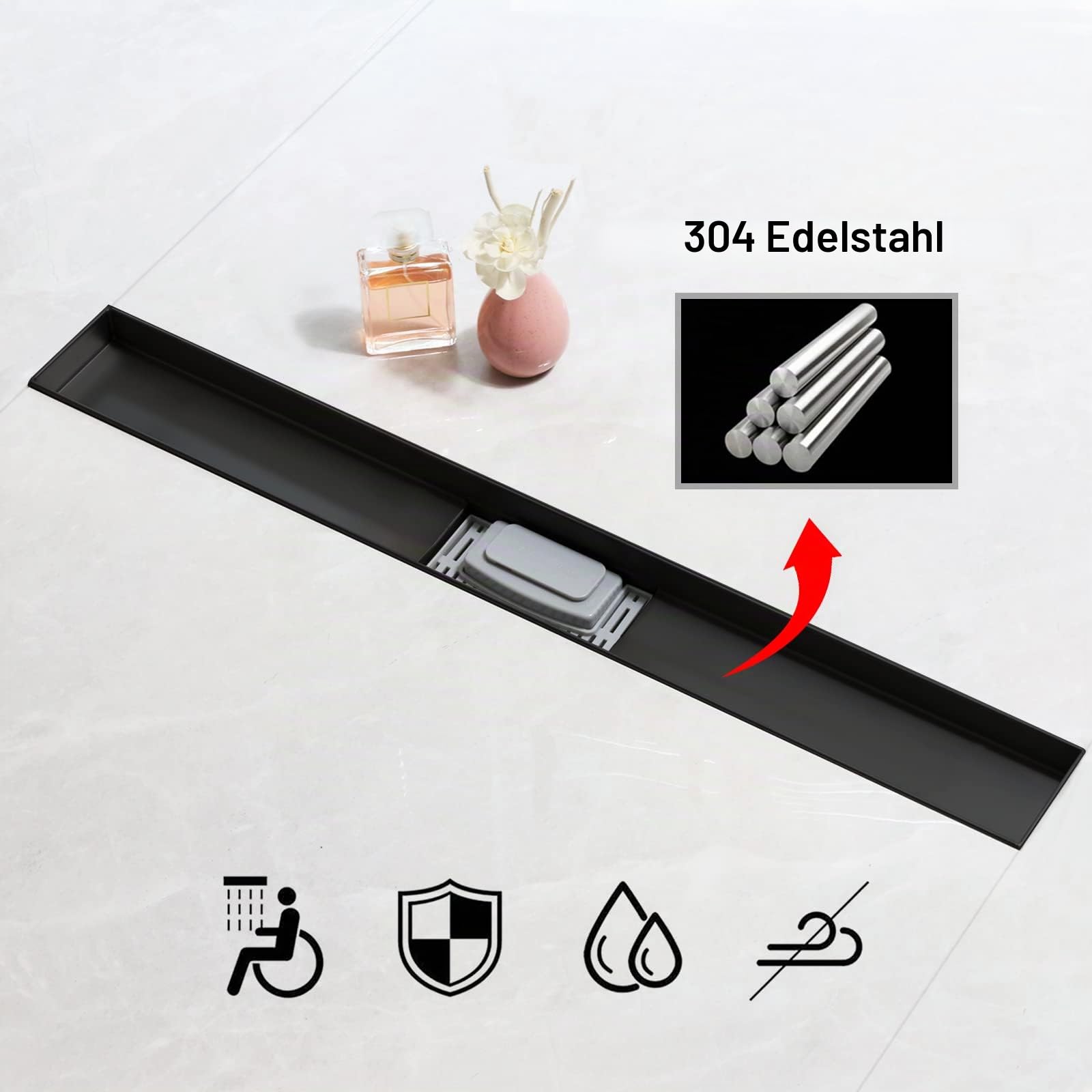 SaniteModar Duschrinne 60cm, Schwarz | Befliesbar Edelstahl Duschrinne mit Siphon Geruchsstop und Haarfilter, Duschablauf Komplettset