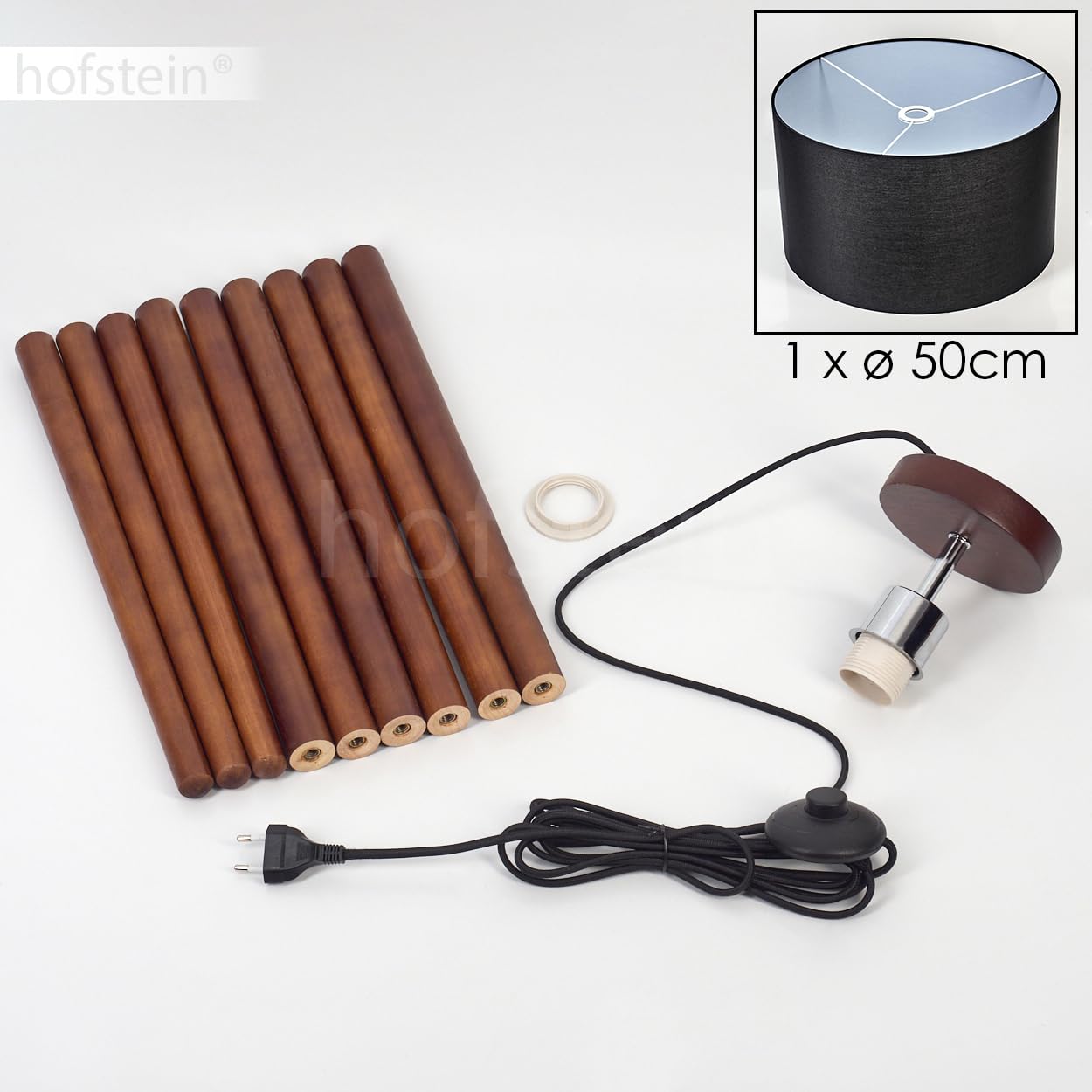 Stehleuchte Flemming, Stehlampe aus Holz/Stoff in Dunkelbraun/Schwarz/Weiß, Leuchte im skandinavischen Design mit rundem Schirm (Ø 50 cm) u. Fußschalter, Höhe 155 cm, 1 x E27, ohne Leuchtmittel