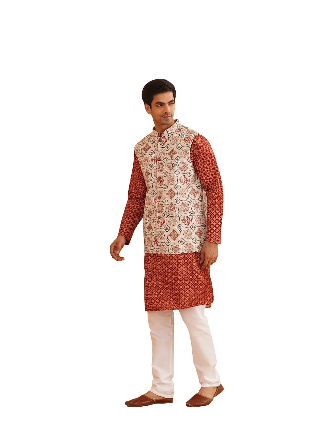 Sojanya (Since 1958 Men's Cotton Linen Maroon Kurta And White Pyjama With Cream Cotton Nehru Jacket