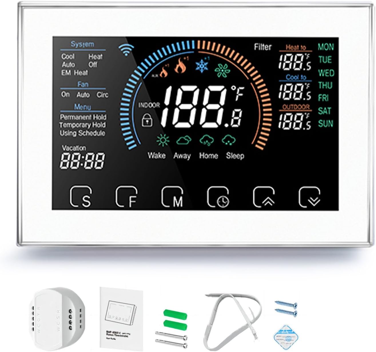 Eujgoov LCD Color Screen Touch Heat Pump Thermostat Smart Voice Control Remote Control Programmable Weather Monitoring (White) Eujgoov LCD Color Screen Touch Heat Pump Thermostat Smart Voice Control Remote Control Programmable Weather Monitoring (White)