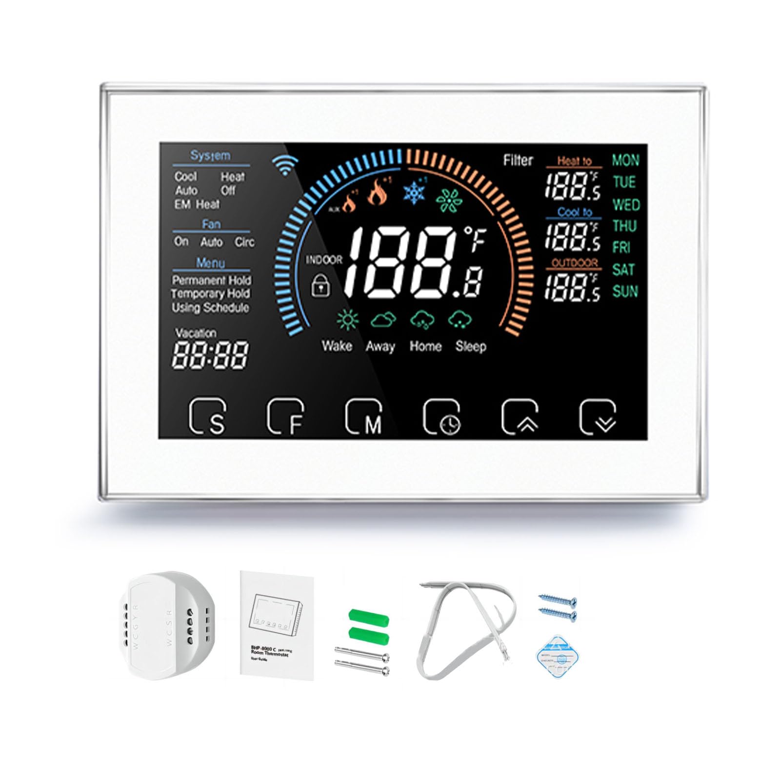 Eujgoov Termostato Intelligente, Termostato Programmabile per Pompa di Calore con Touch Screen LCD con Adattatore Cavo C, Controllo della Temperatura Ad Alta Efficienza Energetica per la Casa (WHITE)