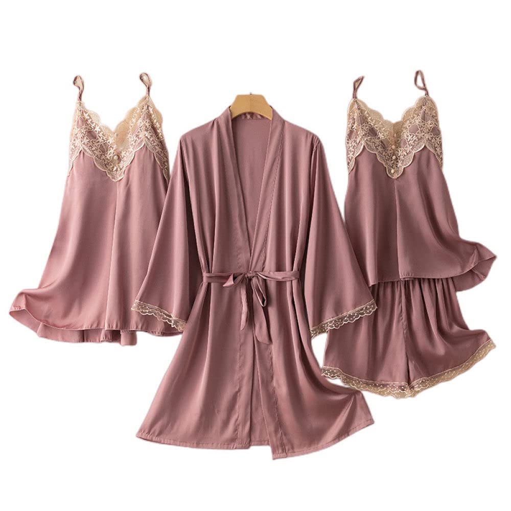 Pigiama Donna,4 Pezzi Set Accappatoio Kimono In Raso Sexy Maglia In Pizzo Con Scollo A V Camicia Da Notte Senza Schienale Vestaglia Canotta Pantaloncini Set Elegante Abito Retrò Vestaglia Sposa Bad