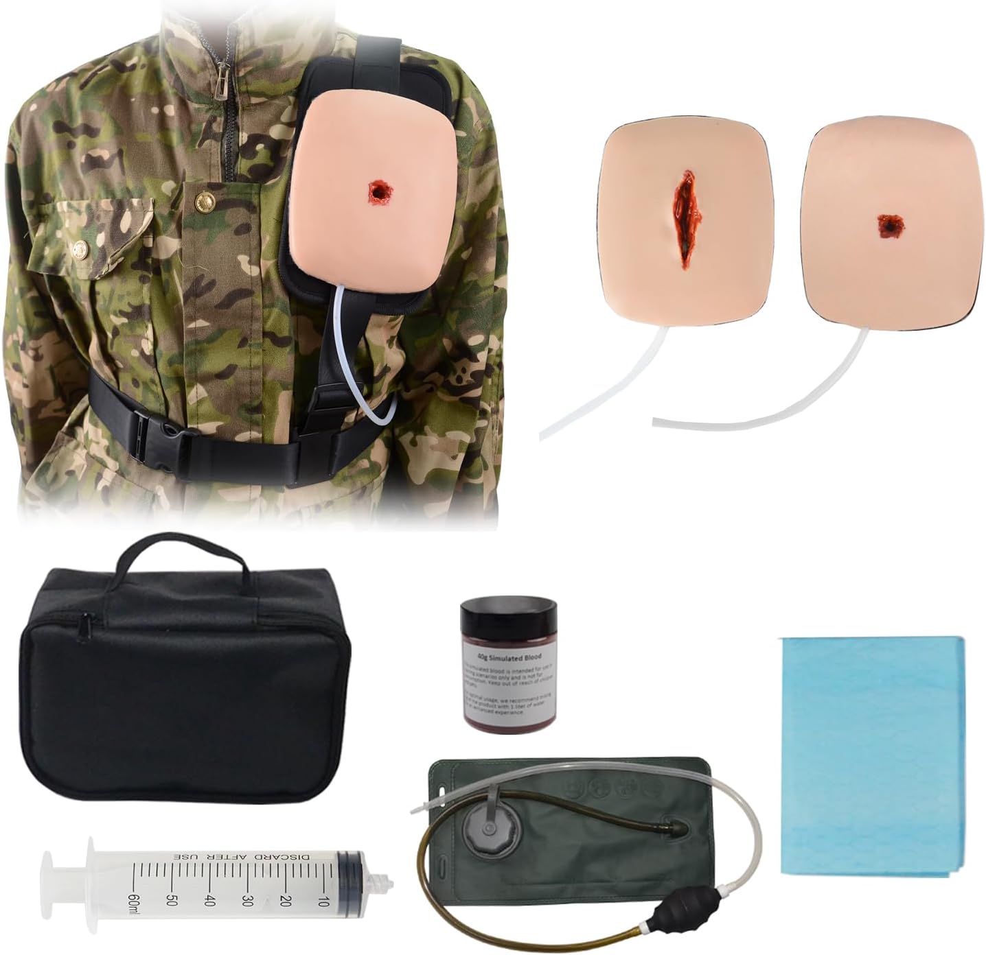 Chest Seal Application Trainer, Wearable Chest Wound Trauma Training Model with Gunshot & Laceration Wounds, Bleeding Simulation Pump for Tactical Training