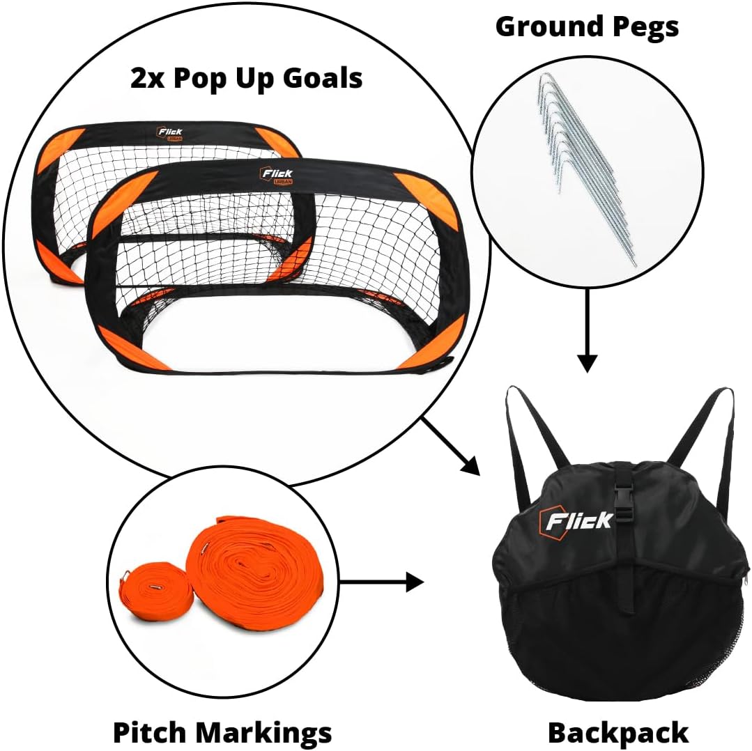 Flick Urban Pitch Pack | Portable Football Pitch Includes 2 x Compact Pop-Up Goals, Pitch Marker and Backpack