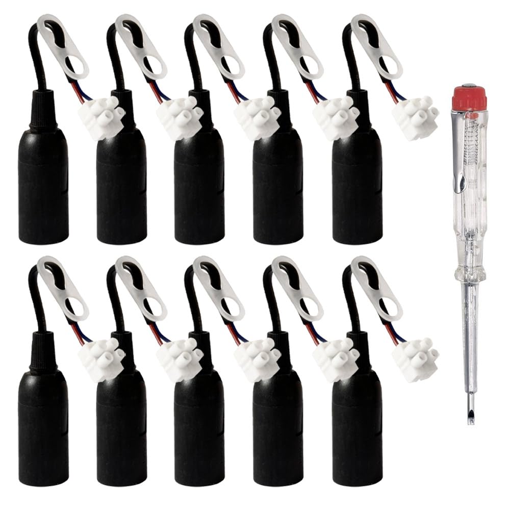 NCC-Licht 10 x Baufassung E14 schwarz mit Lüsterklemme und Zugentlastung | Renovierfassung bis max. 60W inkl. Phasenprüfer