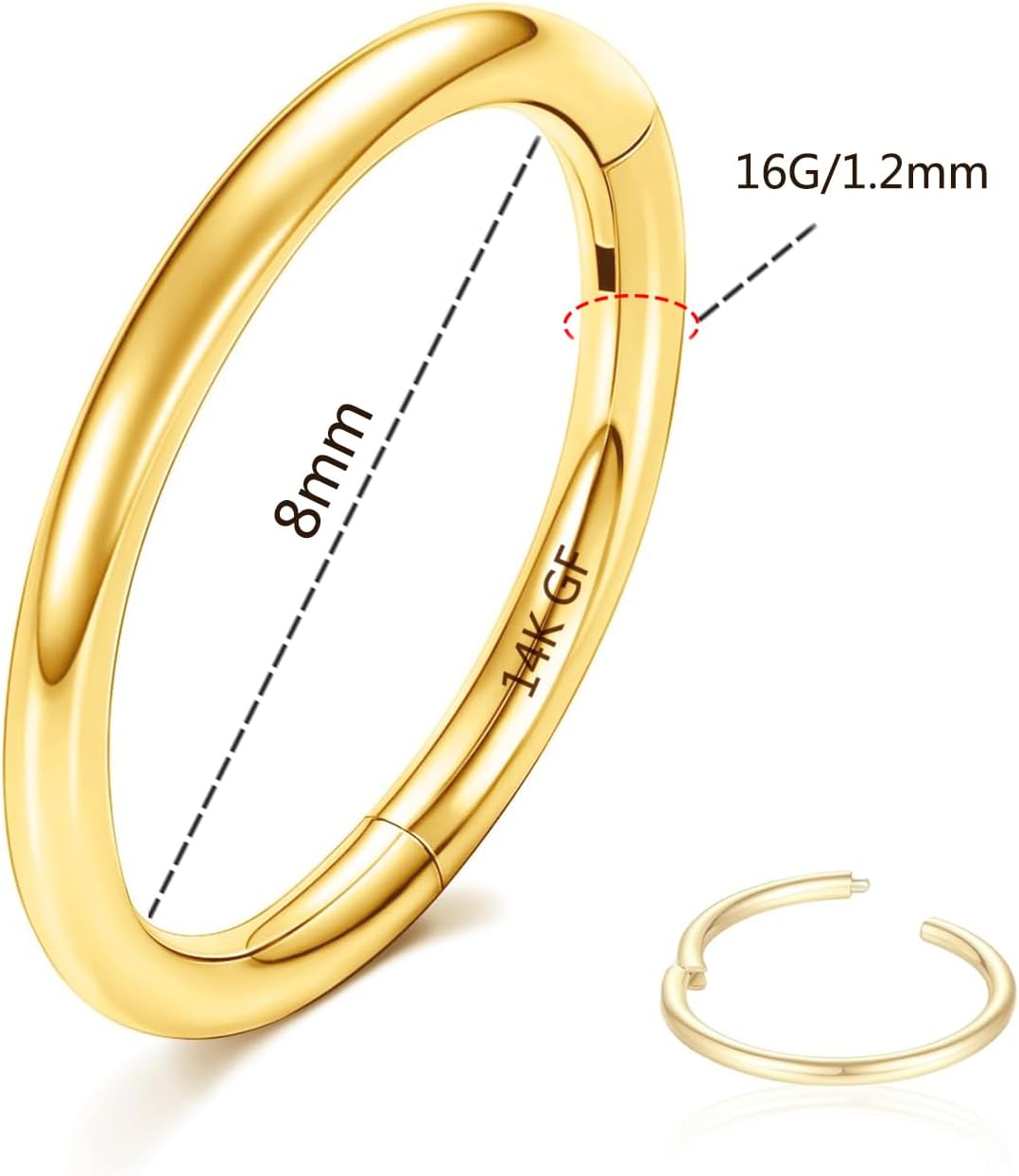 14K Gold Filled Septum Rings Hoop 16G 8mm/10mm 316L Segment Nose Rings for Women Men, Cartilage Clicker Hoop Earrings for Rook, Daith, Tragus, Hypoallergenic. (8)