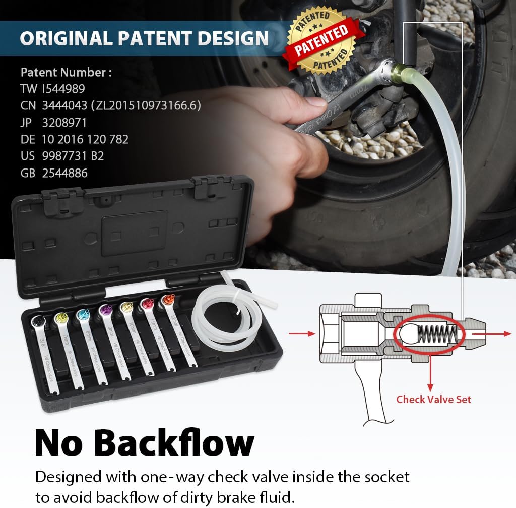 FIRSTINFO F35232 Patented Built-in One Way Check Valve Brake Bleeder Wrench Set 7-12mm & 3/8-Inch 6 Point Socket Brake Bleeding Wrench with Oil Drain Hose