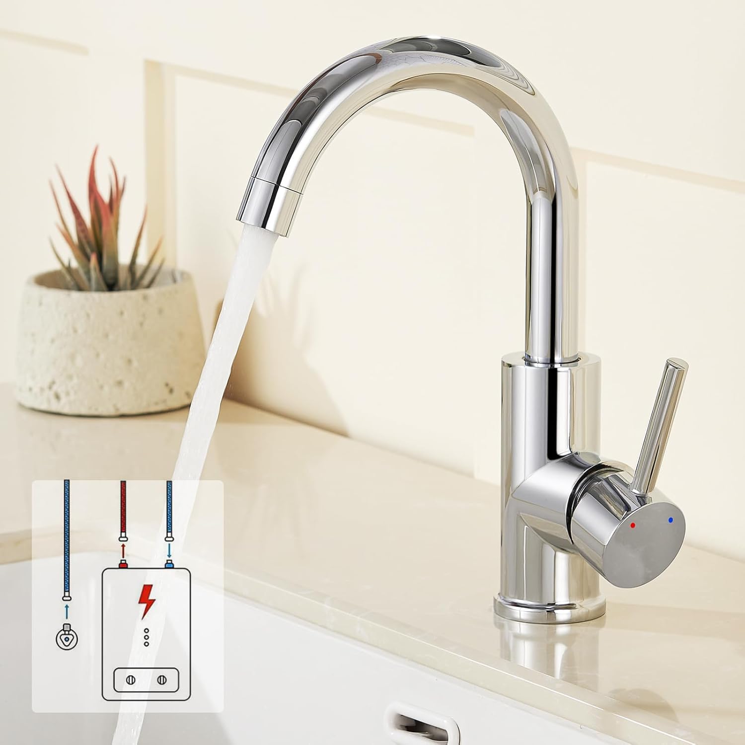 Auralum Niederdruck Armatur Bad Wasserhahn mit 3 Anschlüssen für Boiler | Waschtischarmatur hoch, 360° Schwenkbar, Strahlregler abnehmbar, Auslaufhöhe 147 mm, für drucklose Warmwasserspeicher, Chrom