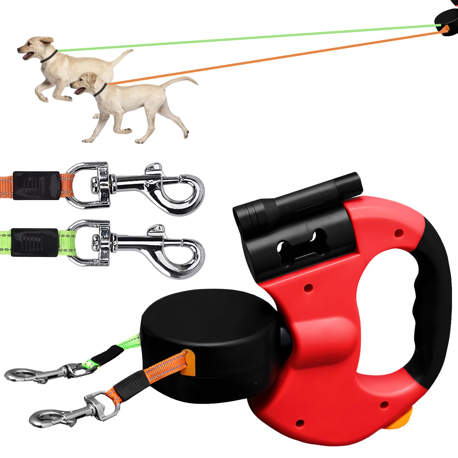 Correa Perro Extensible, Correas Flexi 3M Correa Doble Retráctil para Perro, Correa Extensible Perro Pequeño, con Linterna LED, Asa Ergonómica de Goma, para Perro Grande Mediano y Pequeño, hasta 30KG