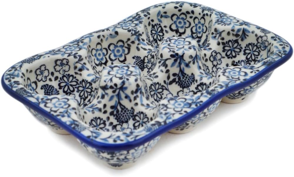 Polmedia Polish Pottery Egg Crate UNIKAT - Walking At Night Pattern Handmade in Boleslawiec Poland by Ceramika Artystyczna + Certificate of Authenticity