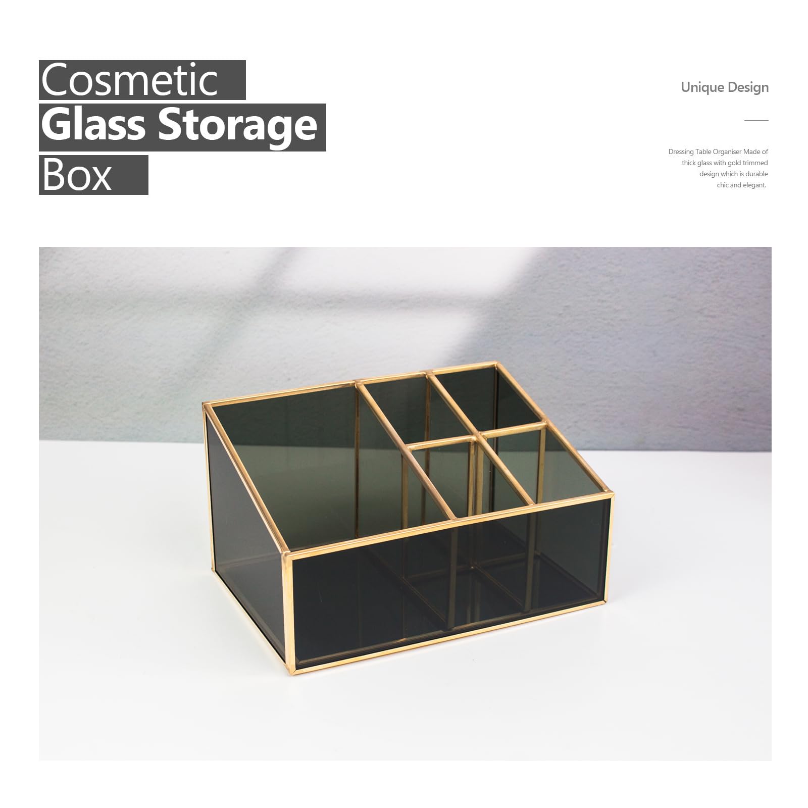 HARLIANGXY Makeup Organiser with 5 Compartments, Vintage Cosmetic Organizer Glass, Makeup Brush Holder Brass - Image 2