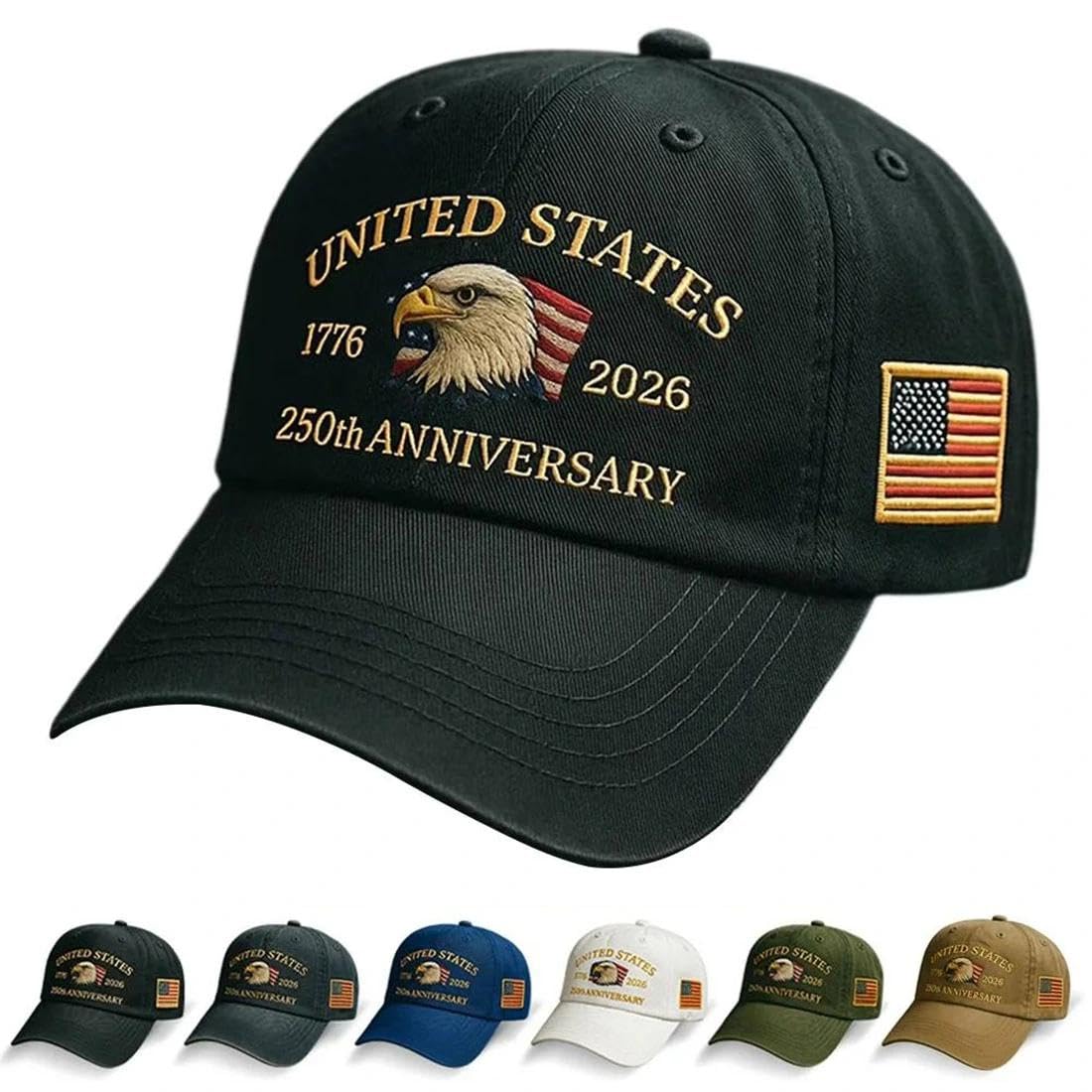 Qianyihc Men's Black Baseball Cap For Cotton One Size, Cotton Embroidered Casual Baseball Cap, Adjustable America Eagle Hat, Us 250Th Anniversaries Hat, Unisex(Black)