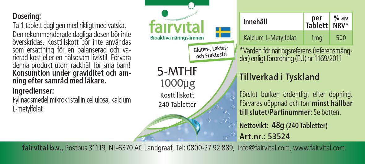 Fairvital | 5-MTHF - 240 tabletek - 1mg na tabletkę - bioaktywny kwas foliowy - płodność i ciąża - sprawdzona jakość i wysoka dawka - 100% wegańskie - wyprodukowano w Niemczech