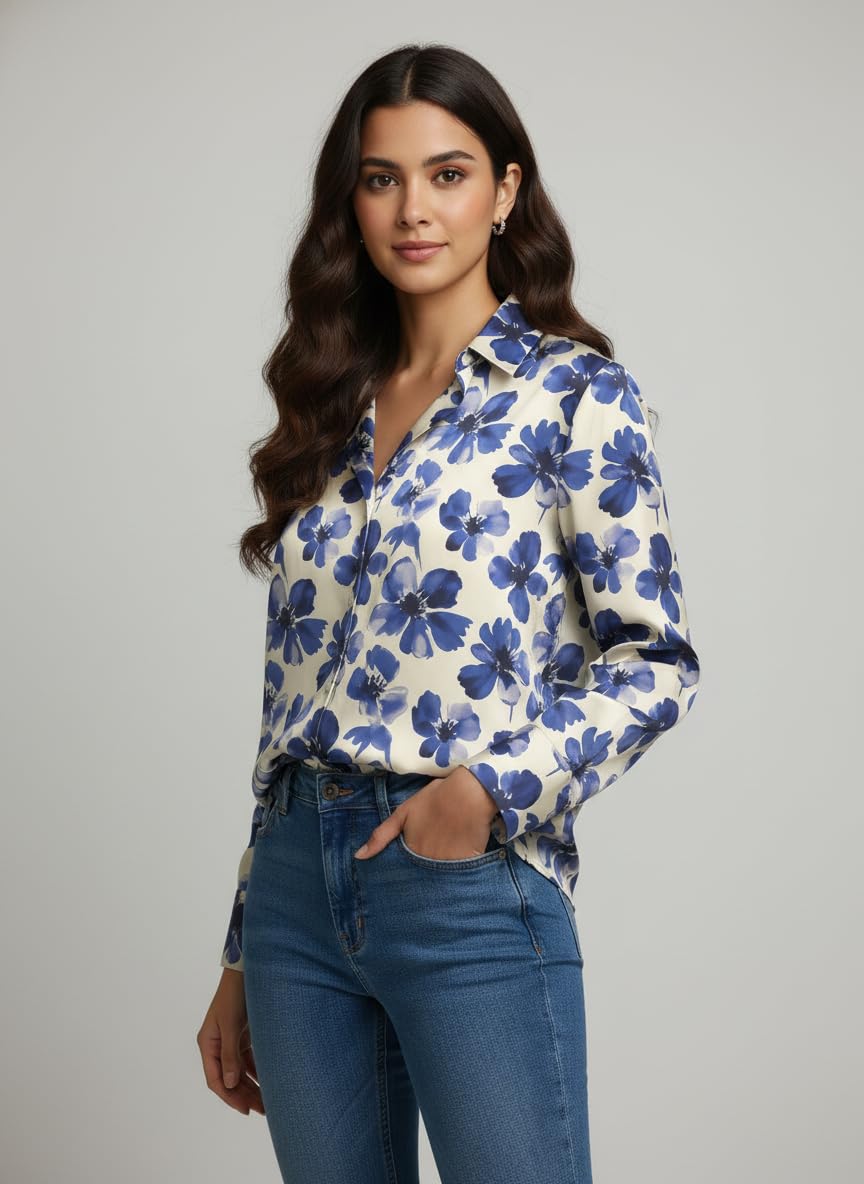 ANNI Designer Bedrucktes Damenhemd aus Baumwollmischgewebe, langärmelig, normale Passform, Hemdkragen, legere Bürokleidung, elegante Western-Kleidung für den Alltag, Hochzeit, Party