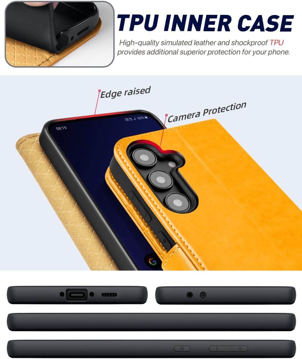 OCASE Compatible with Samsung Galaxy S24 FE Wallet Case, PU Leather Flip Folio Case with Card Holders RFID Blocking Kickstand [Shockproof TPU Inner Shell] Phone Cover 2024 - Tangerine Yellow