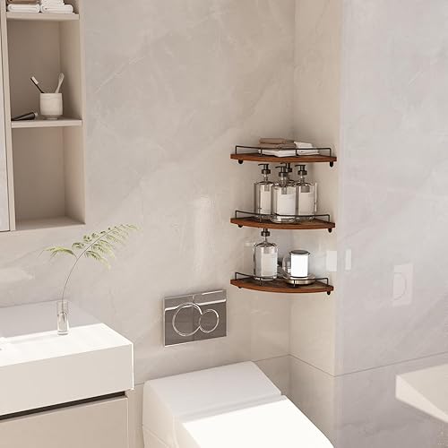 Miniatura 6 de Trwcrt Juego de 3 estantes de esquina flotantes para montaje en pared, estantes de almacenamiento de pared de madera rústica para dormitorio, sala