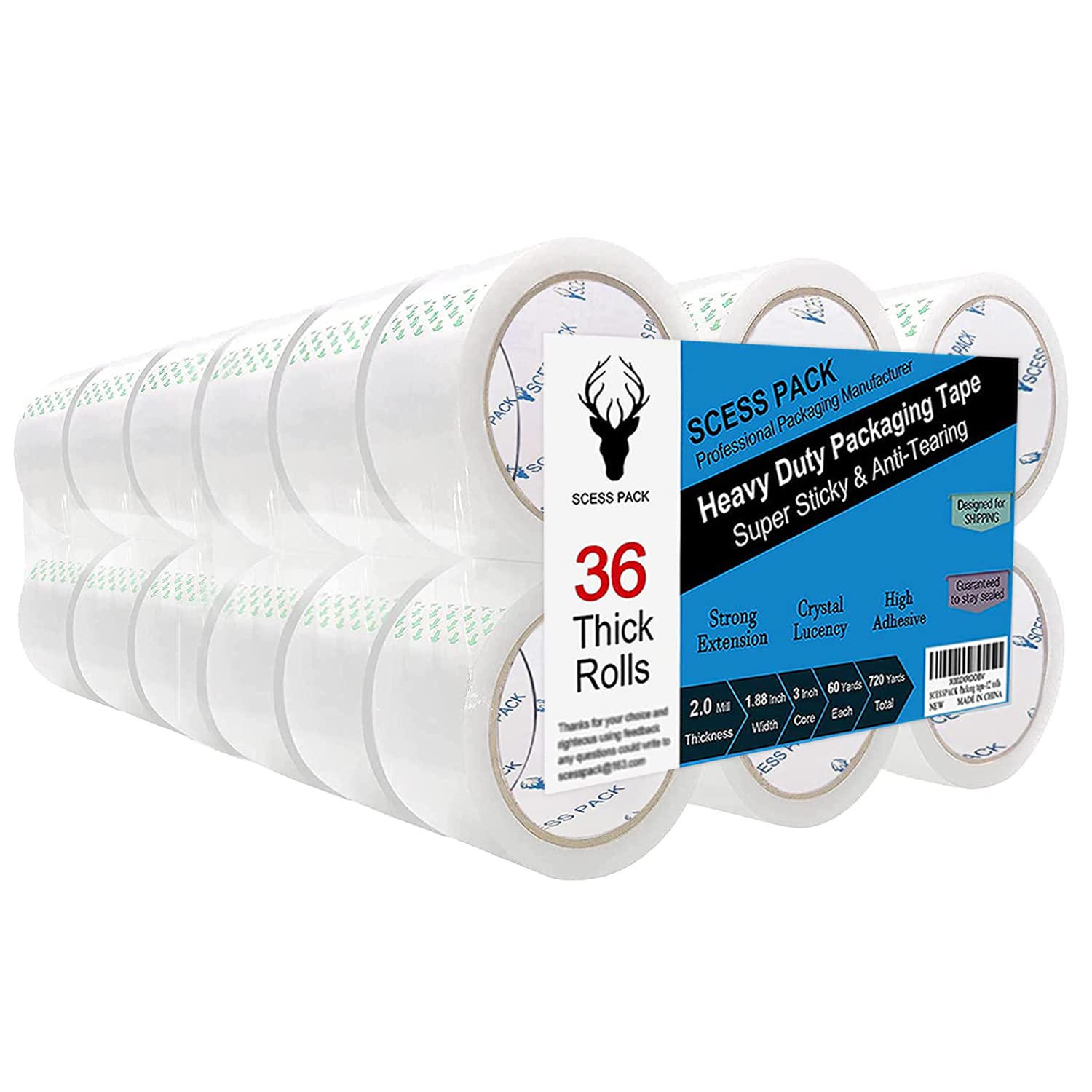 Photo 1 of SCESSPACK Clear Packing Tape, 36 Rolls Packaging Tape for Shipping Packaging Moving Sealing, 1.88 Inch x 60 yd Per Roll, Total 2160 Yards