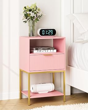Nightstand, Modern Bedside Table with Gold Frame, 25.51H End Table,Pink Night Stand,3-Tier Storage Side Table for Bedroom,Living Room Modern-Stripes, Pink