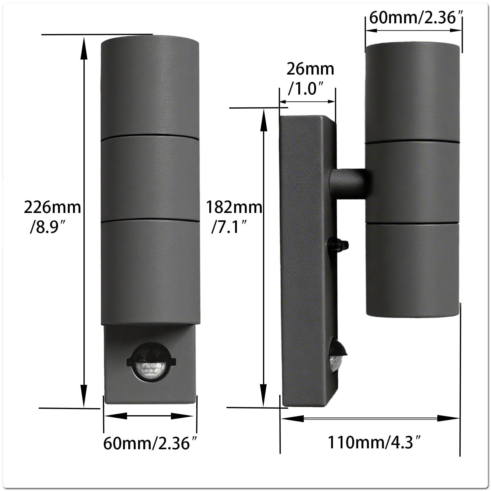 JNR Edelstahl LED Außenlampe mit Verstellbar PIR Bewegungsmelder Dämmerungsschalter, IP54 Wasserdichte Up Down 230V Aussenlampe inkl.2x5W GU10 3000K Warmweiß Glühbirne Wandleuchte, Anthrazit Grau