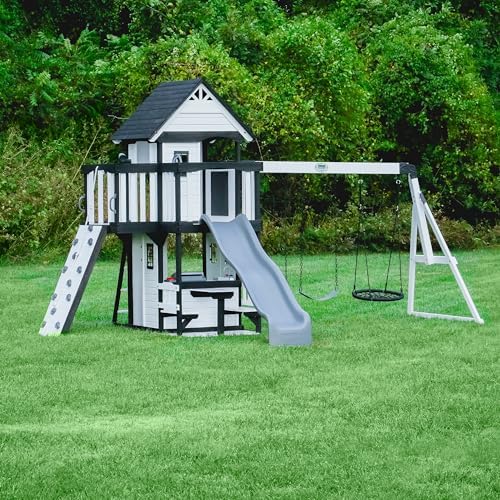 Backyard Discovery Canyon Creek White Cedar Wood Swing Set with Wave Slide, Clubhouse, Play Kitchen, Picnic Area, Belt Swings, Web Swing, Rock Wall, Balconies, Playhouse, Step Ladder, Outdoor Playset
