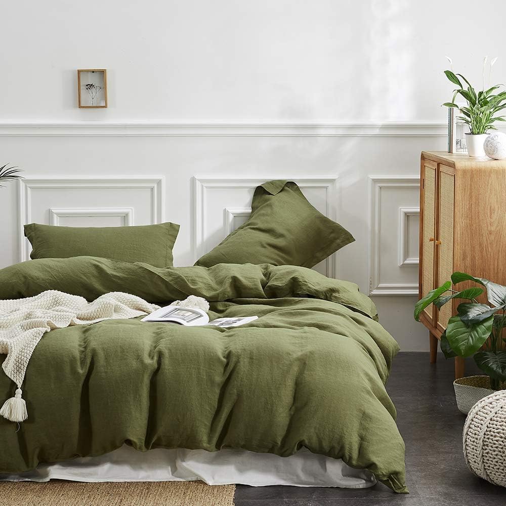 Housse de couette en lin français vert olive Simple&Opulence pour lit double