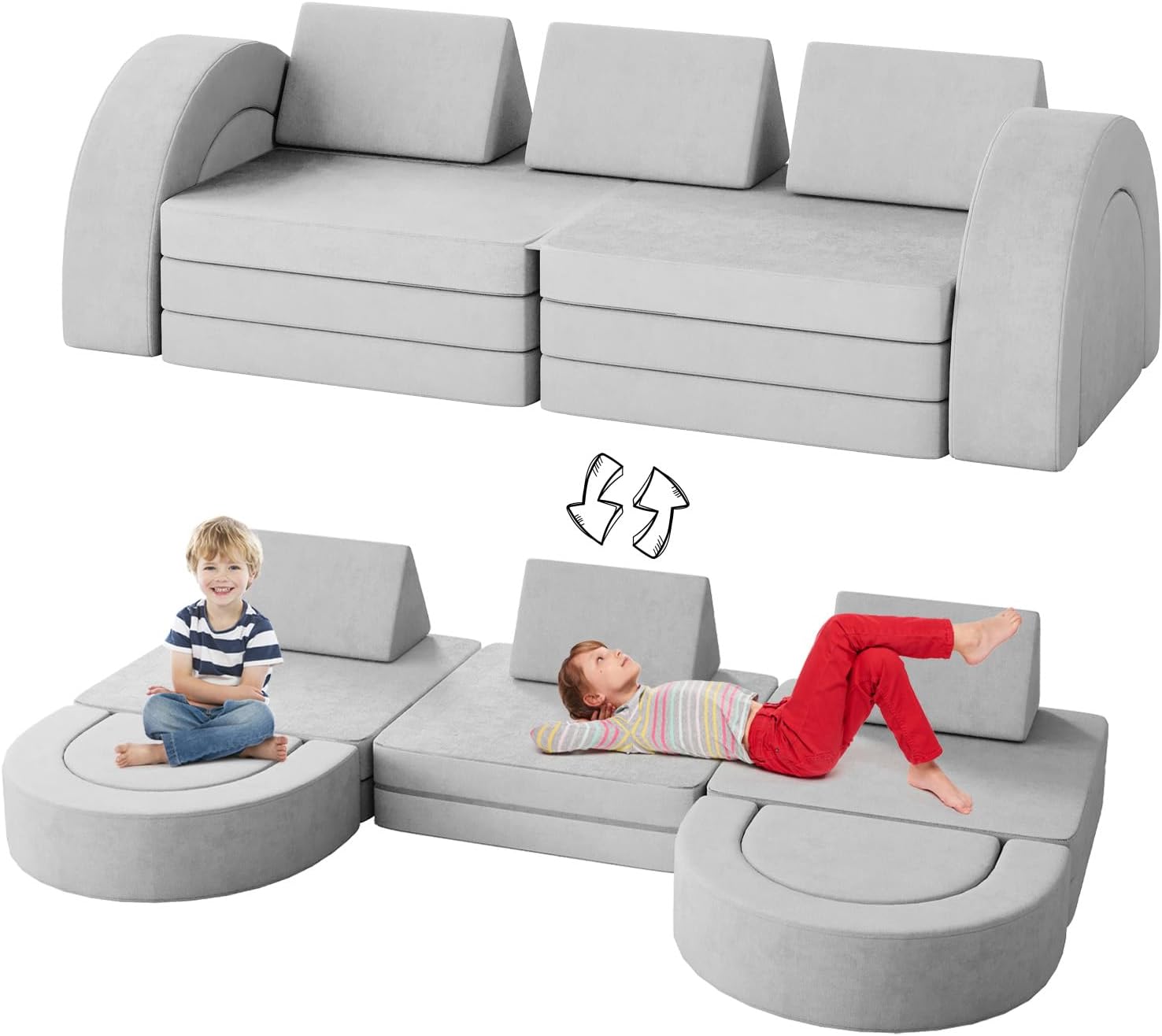 Pipleo Kids Couch Toddler Couch Kids Sofa Couch with Spherical Module and Tunnel Elements, Toddler Sofa Kids Fold Out Couch for Playroom Bedroom, Creative Baby Couch Kids Foam 13-Pack (Grey)