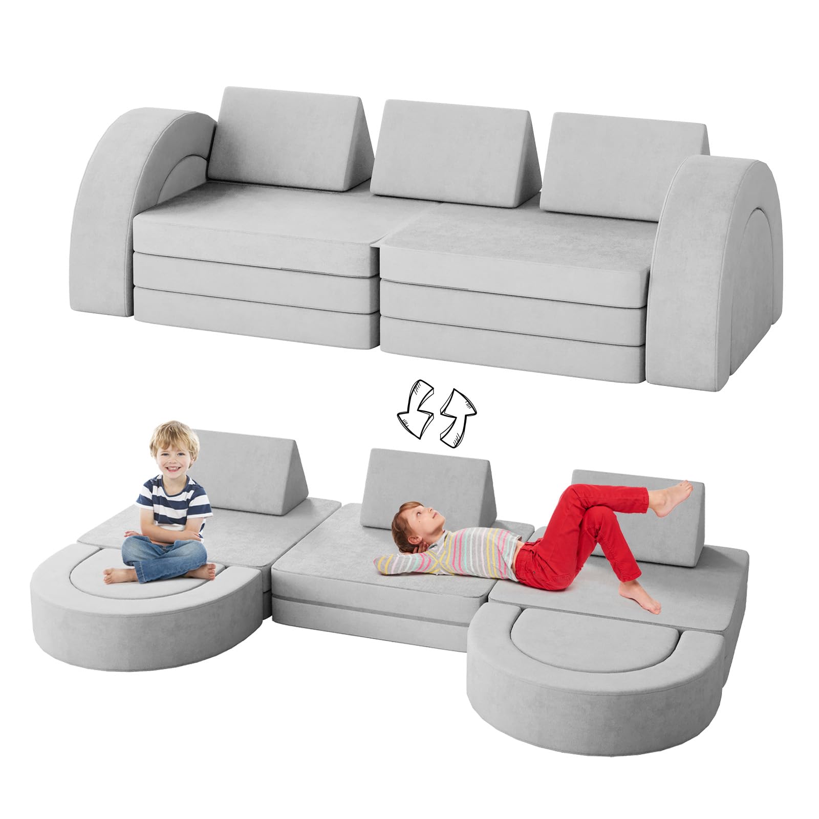 Pipleo Kids Couch Toddler Couch Kids Sofa Couch with Spherical Module and Tunnel Elements, Toddler Sofa Kids Fold Out Couch for Playroom Bedroom, Creative Baby Couch Kids Foam 13-Pack (Grey)