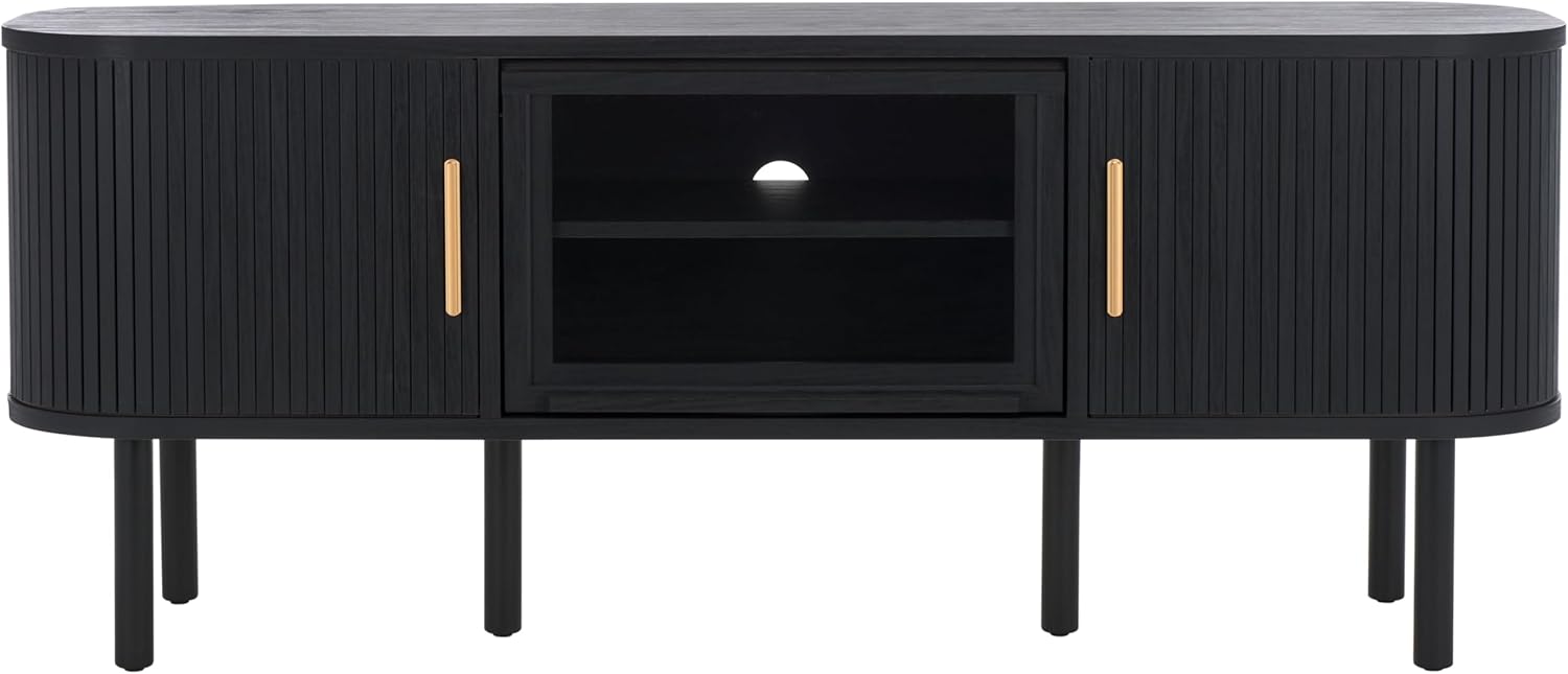 SAFAVIEH Tealla TV Stand for up to 65" Flatscreen – Black & Gold, 2 Tambour Sliding Doors, Glass Lift Door with Interior Shelf, Entertainment Media Console (MED9635B)