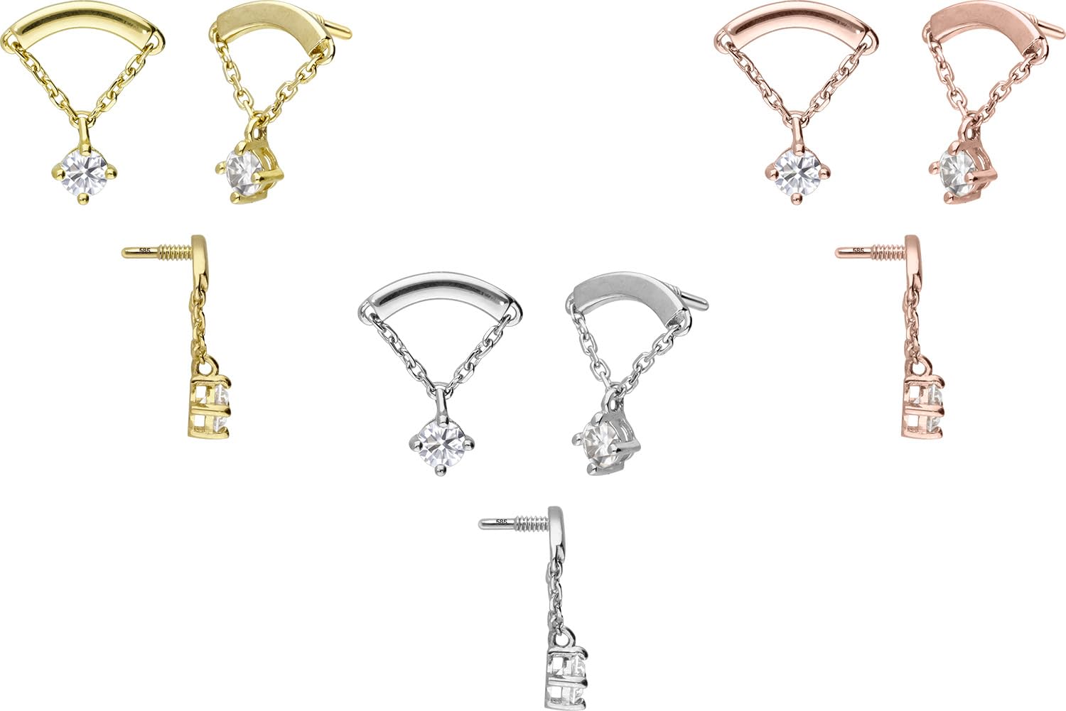 PIERCINGLINE Universal Piercing Schraub-Aufsätze 14 Gold Schraubaufsatz mit Außengewinde MOISSANIT + BOGEN + KETTE 585er Gold - Roségoldfarben, Goldfarben, Silberfarben