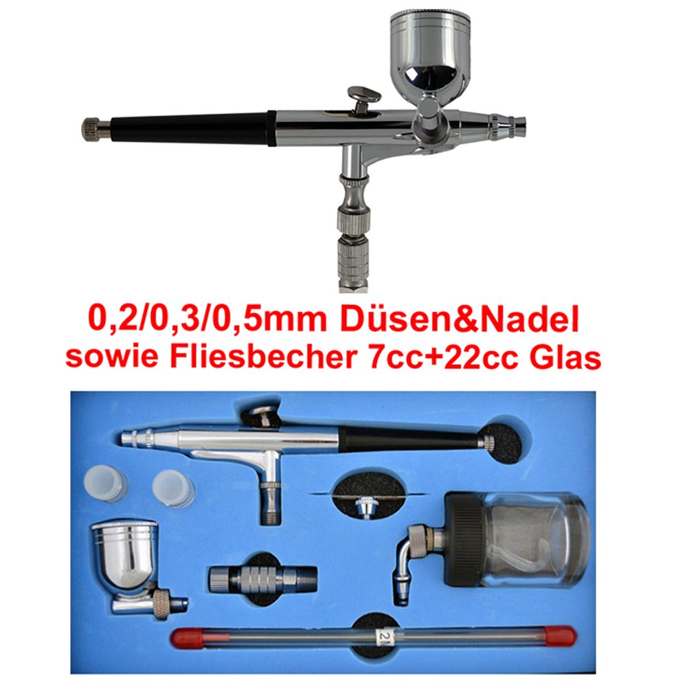 AIRBRUSH-SET DUO-Power Efficient = DAS KOMPLETT-SET mit Airbrush Kompressor, 2 hochwertigen PISTOLEN, HALTER, Kompressor-TANK, 2*SCHNELLKUPPLUNGEN CLEANING POT, Schlauch, Reinigungsbürsten