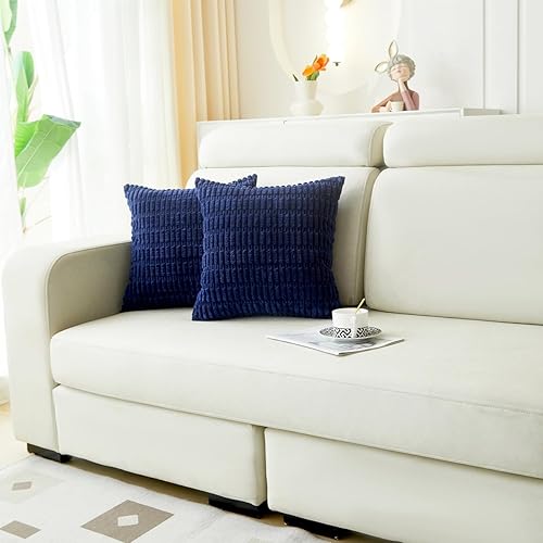 Miniatura 2 de Paquete de 2 fundas de almohada decorativas azul oscuro de 18 x 18 pulgadas, fundas de almohada cuadradas de pana suave a rayas bohemias para sofá,