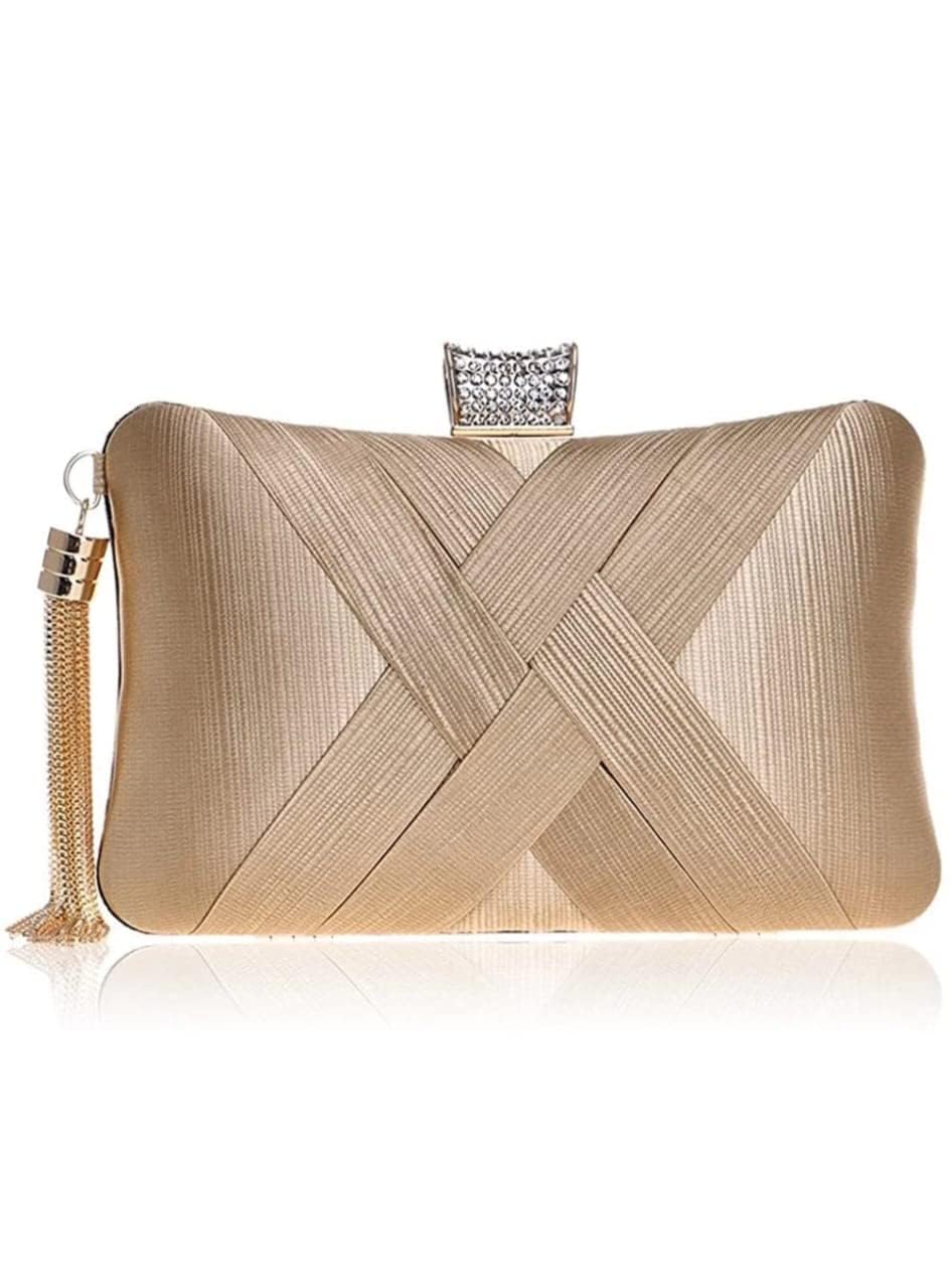 Handicraft Women’s Evening Clutch Purse | Elegant Satin Handbag with Crystal Clasp & Tassel Chain