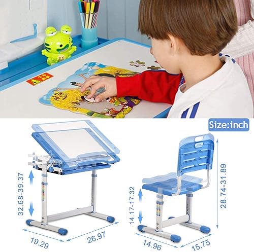 Miniatura 2 de BLKMTY Juego de escritorio y silla, juego de mesa y sillas de pintura, escritorio escolar ajustable en altura con escritorio inclinable, escritorio