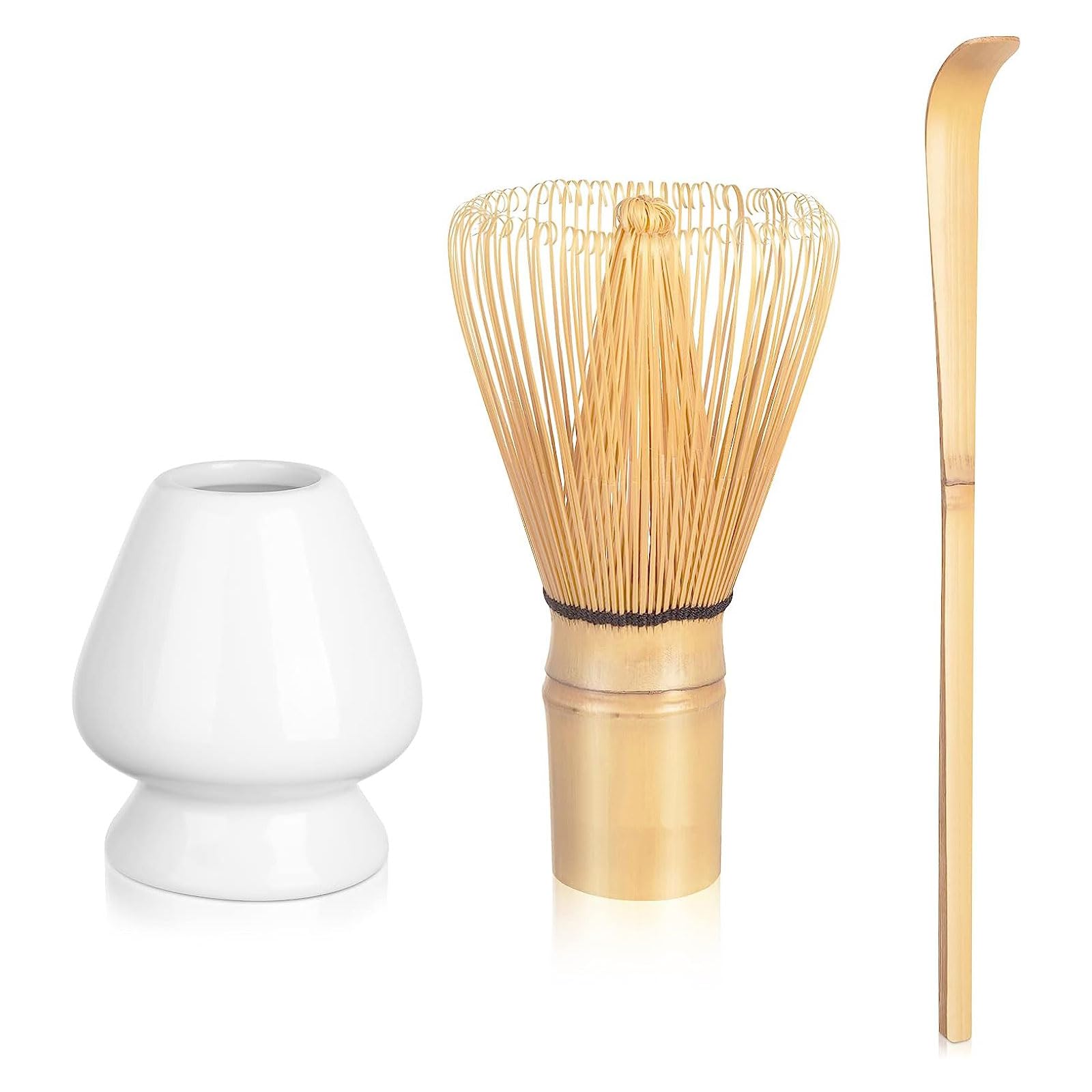 Matcha Whisk Set 3 PCS,Japanese Matcha Ceremony Accessory,Bamboo Matcha Whisk (Chasen),Ceramic Whisk Holder,Traditional Bamboo Scoop (Chashaku),Perfect Set to Beginner,Gifts for Tea Lovers