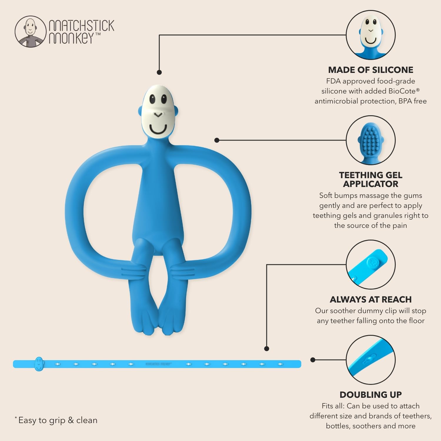 Matchstick Monkey Antimicrobial Silicone Teether & Gel Applicator, Easy Grip - Image 4