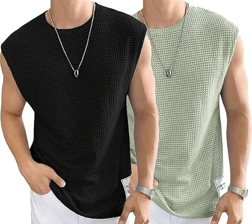 Moyzikh Mens Waffle Tank Tops Sleeveless Round Neck Polycotton T-Shirt Vest(Pack of 2)