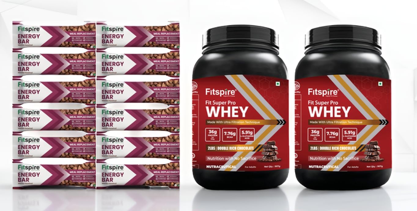 fitspire high protein combo | fit super pro whey protein 2lbs double rich chocolate + mocha hazelnut energy bars pack of 12 | 36g protein with whey isolate & concentrate | muscle recovery & healthy sn