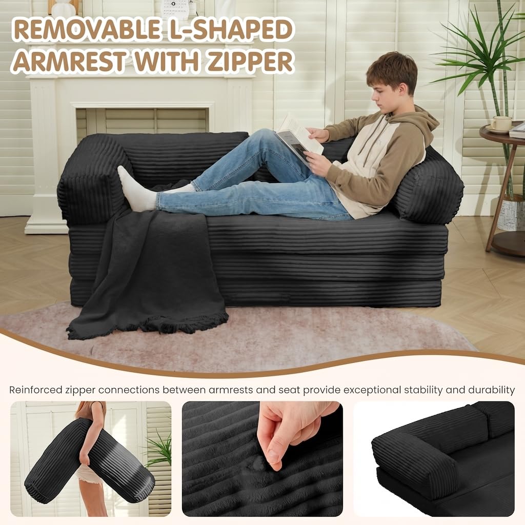 Convertible Sofa Bed Full,5-in-1 Tri-Fold Boneless Couch with Removable Armrests & Handle,Corduroy Futon Sleeper Sofa,Floor Folding Mattress Pull Out Bed for Small Space Apartment Bedroom Black