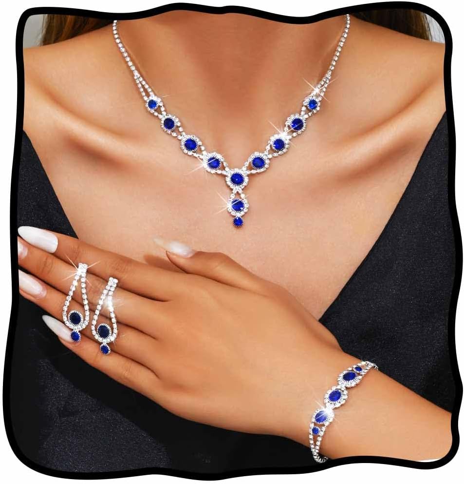 TWINKLEDE Rhinestone Necklace Bracelet and Earring Set Sparkly Blue Crystal Necklaces Jewelry Sets Prom Wedding Jewelry for Women