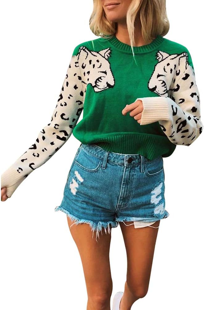 Women’s Casual Leopard Print Knitted Pullover Sweaters Long Sleeve Crew Neck Jumper Tops