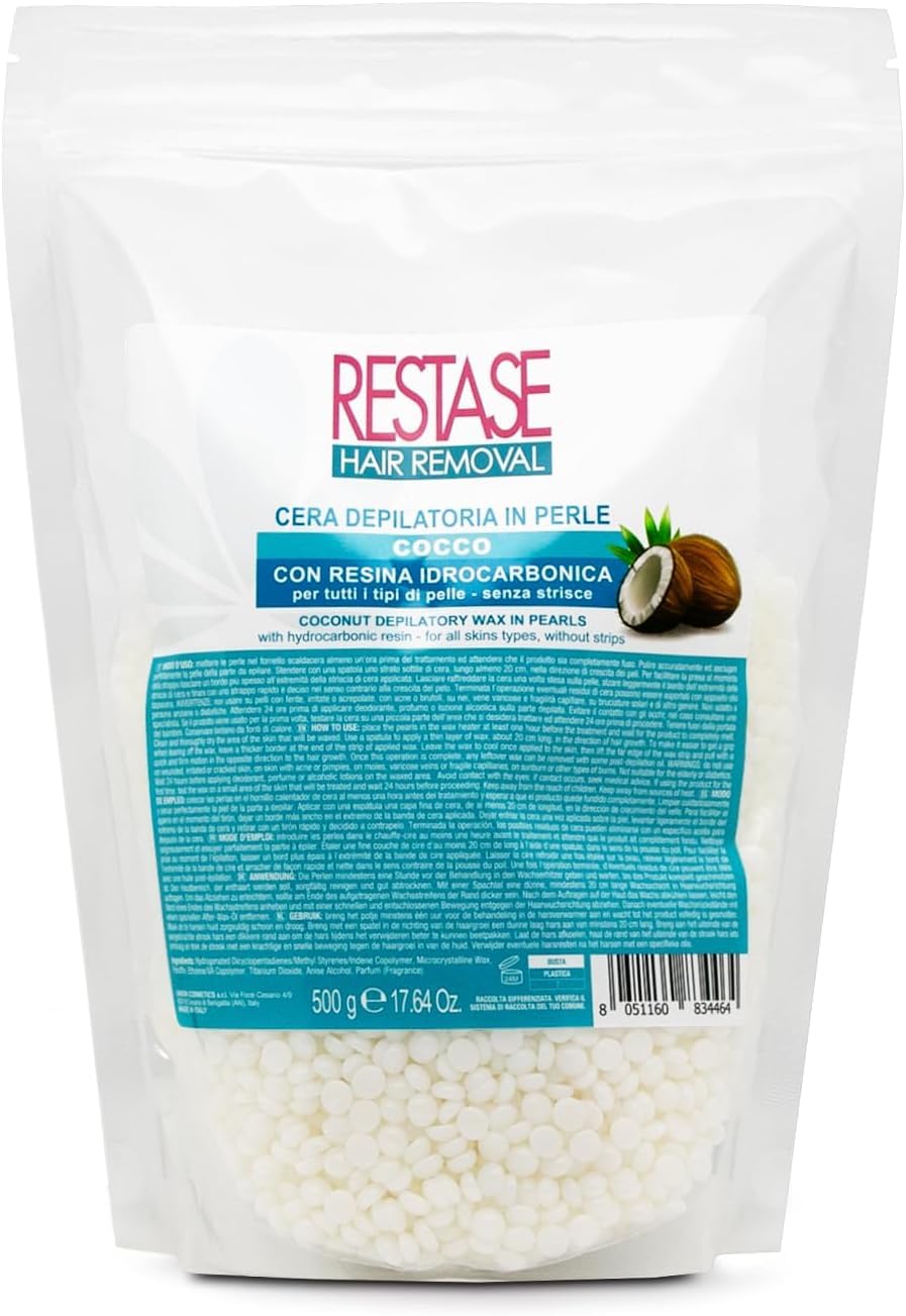RESTASE | Cera Depilatoria in Perle Cocco 500 gr, Senza Strisce, con Resina Idrocarbonica, Adatta a Tutti i Tipi di Pelle per una Depilazione Morbida e Efficace (Confezione da 5)