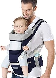 Azeekoom Mochila Portabebés Ergonómica con Asiento de Cadera, Multiposición Dorsal Ventral, Algodón Ligero y Transpirable para Bebés y Niños de 0-48meses (3.5 a 25 Kg)