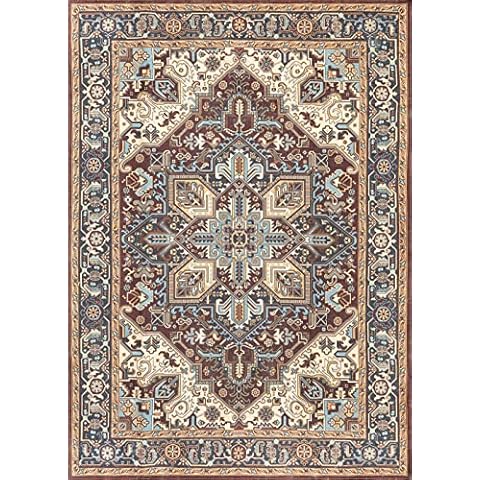 Tayse Oriental Medallion Border 5x7 Area Rug, Low Pile, Machine Washable and Pet Friendly, Red/Cream/Navy Blue Cover