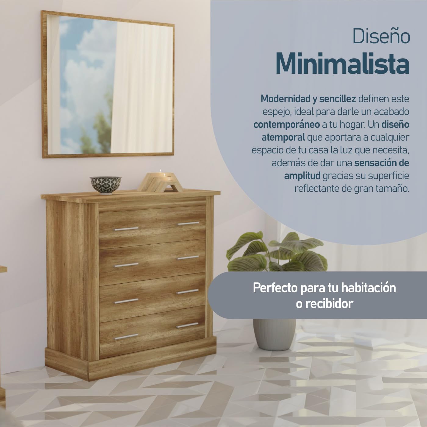 amuéblate Online - Espejo de Pared, Modelo Florida, Acabado en Color Cañón, Incluye Herrajes, Medidas: 75 cm (Alto) x 90 cm (Ancho) x 2 cm (Fondo)