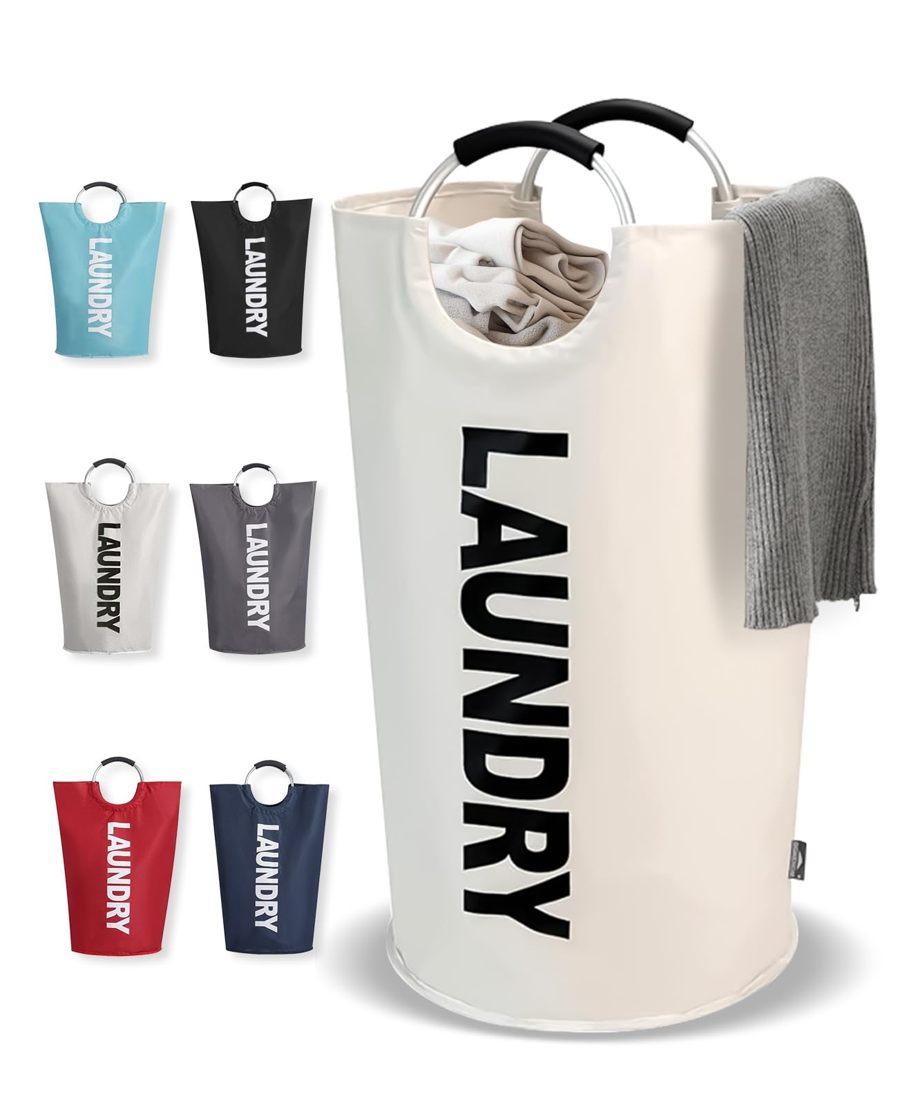 90L Large Laundry Basket, Collapsible Laundry Hamper with Aluminium Handles, Waterproof Oxford Fabric Freestanding Tall Laundry Bag, Dirty Clothes Bin (Beige, 115L)