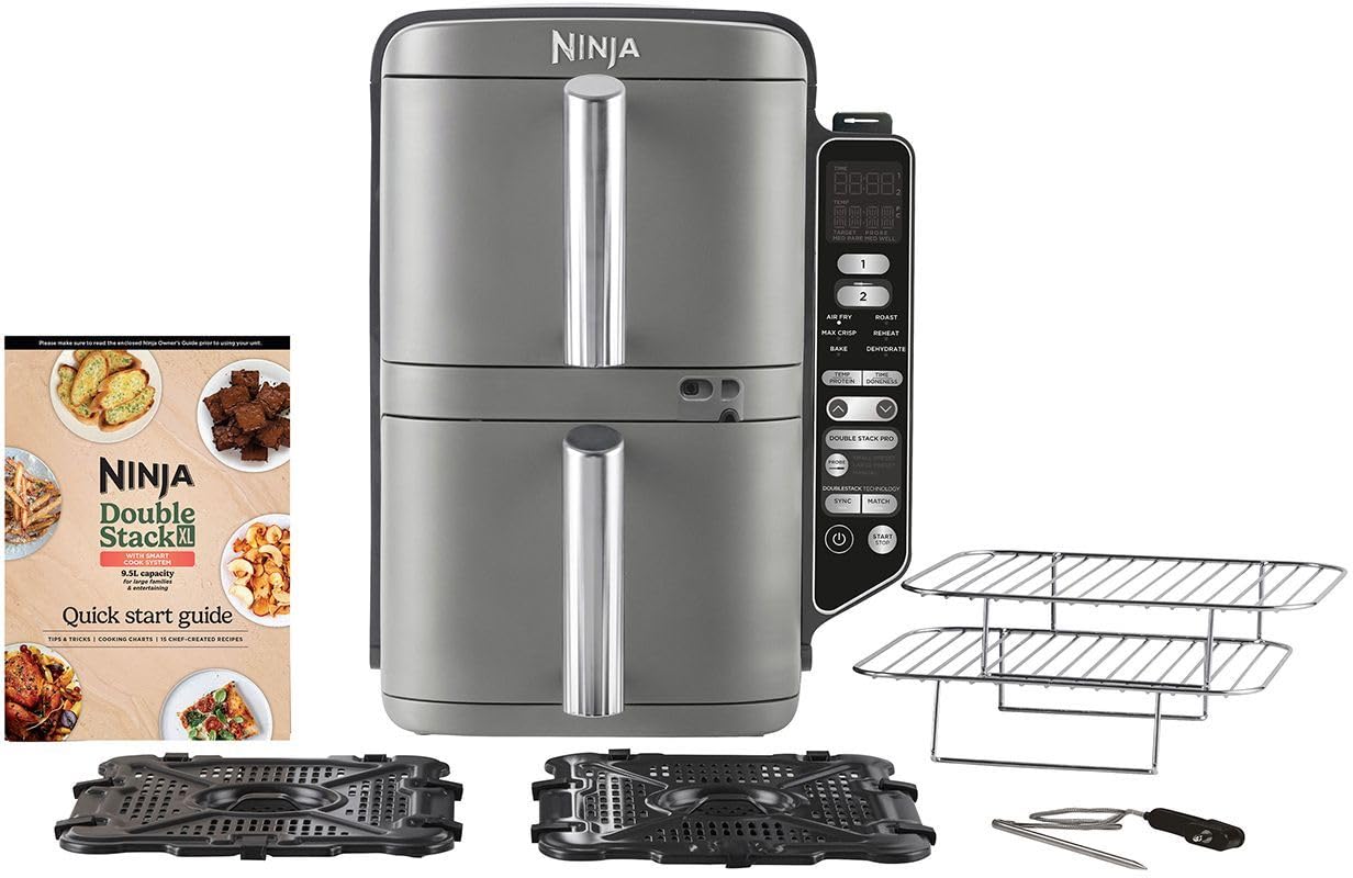 Ninja Double Stack XL Freidora de aire con sensor digital de cocción, freidora de aire vertical de doble cajón, 4 niveles de cocción, 2 cajones y 2 rejillas, 9,5 l, 6 funciones, gris SL451EU