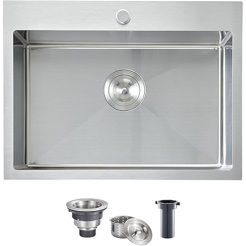 VCCUCINE 22x18 Inch Drop in Kitchen Sink,16 Gauge Topmount RV Small Kitchen Bar Sink, Handmade Stainless Steel Wet Bar Sink, Outdoor Single Bowl, Brushed Nickel Prep Sink with Strainer
