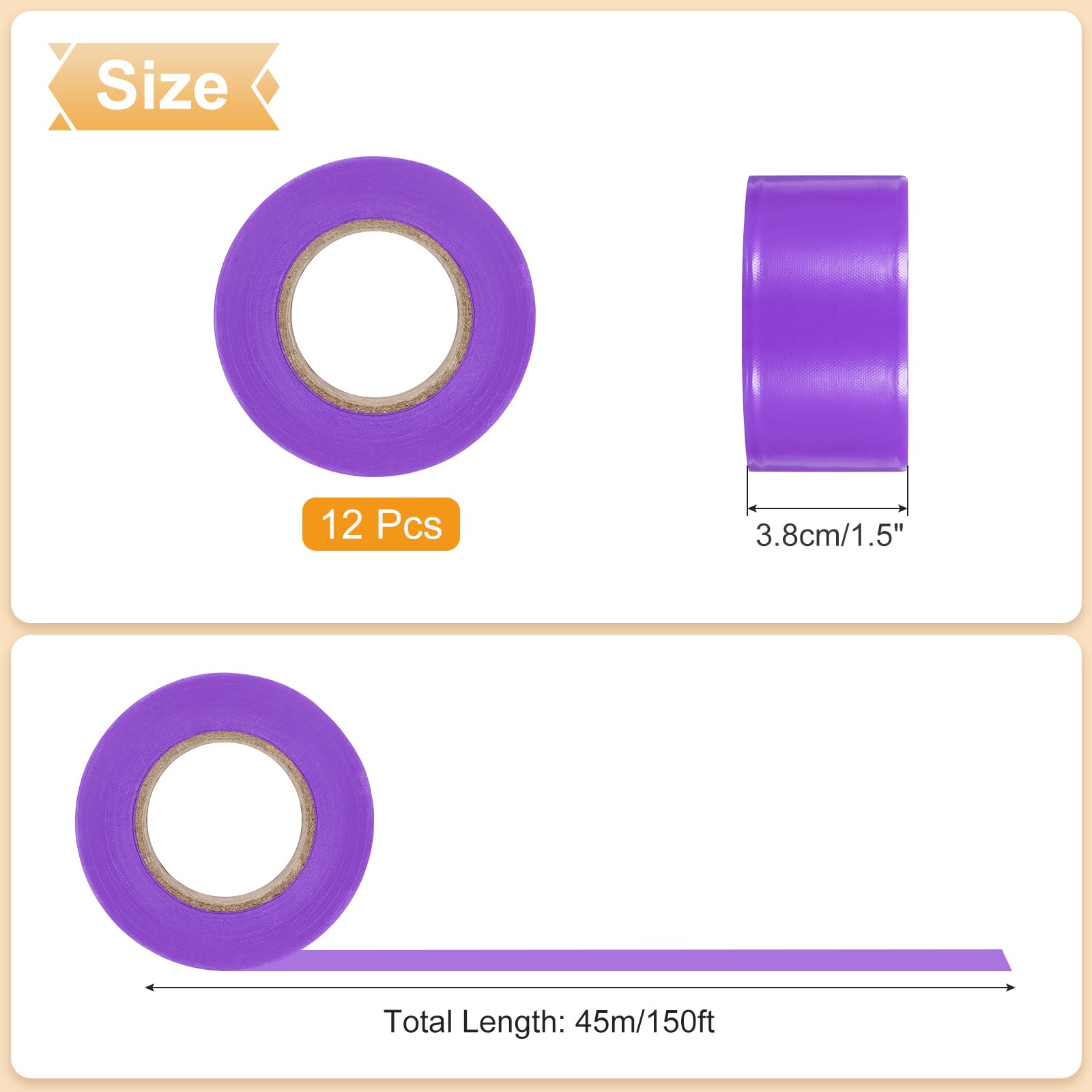 PATIKIL 12Pack Ruban De Marquage Fluorescent Violet, 1.5" x 150 ft Ruban PVC Neon Non Adhésif Pour Marquage D'Arbres, Marquage De Sentiers